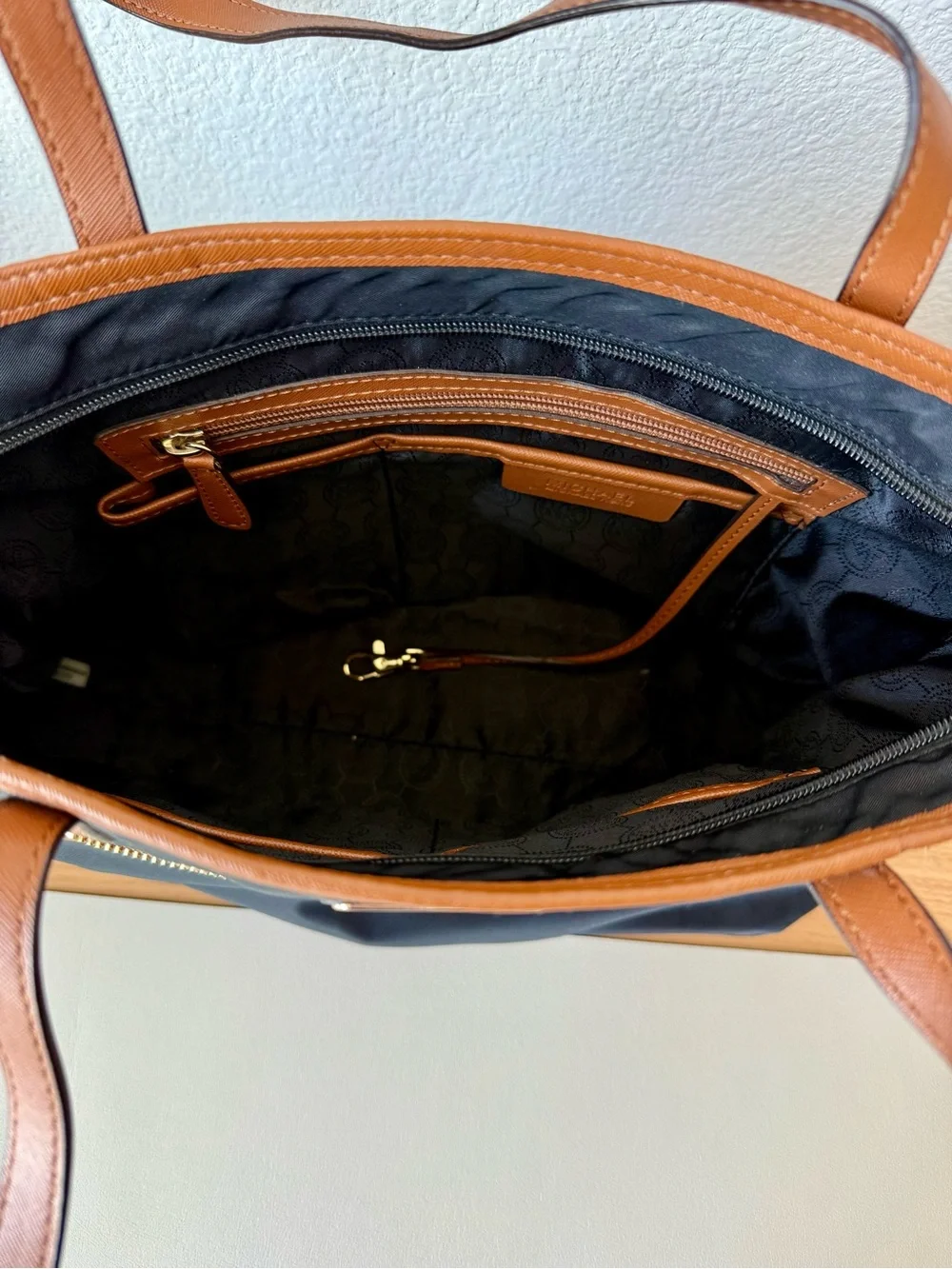 Michael Kors Black Tote with Brown Trim and Gold Hardware